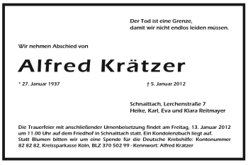 Traueranzeige von Alfred Krätzer von Pegnitz-Zeitung
